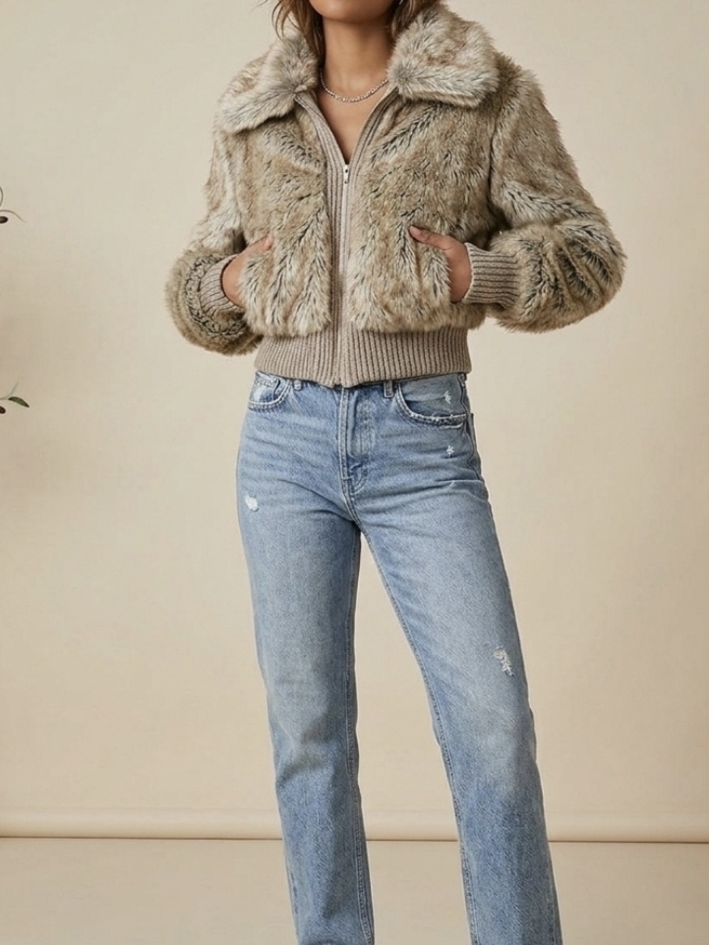 Cropped Plush Teddy Zip Jacket - Beige